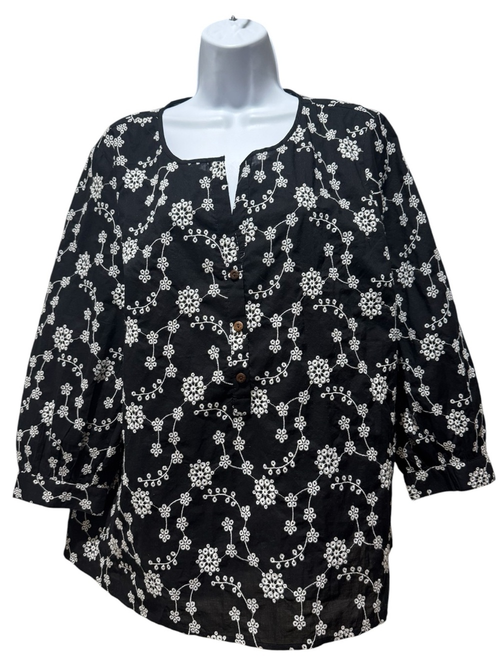 J. Jill Large Black White Embroidered Cotton Blouse Brown Buttons 3/4 Sleeve